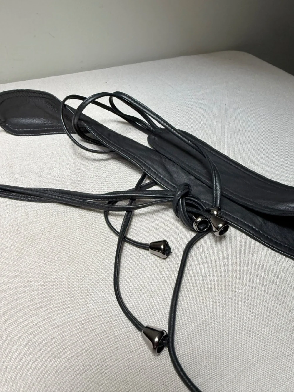 Black Faux Leather Obi Belt With Silver Beads